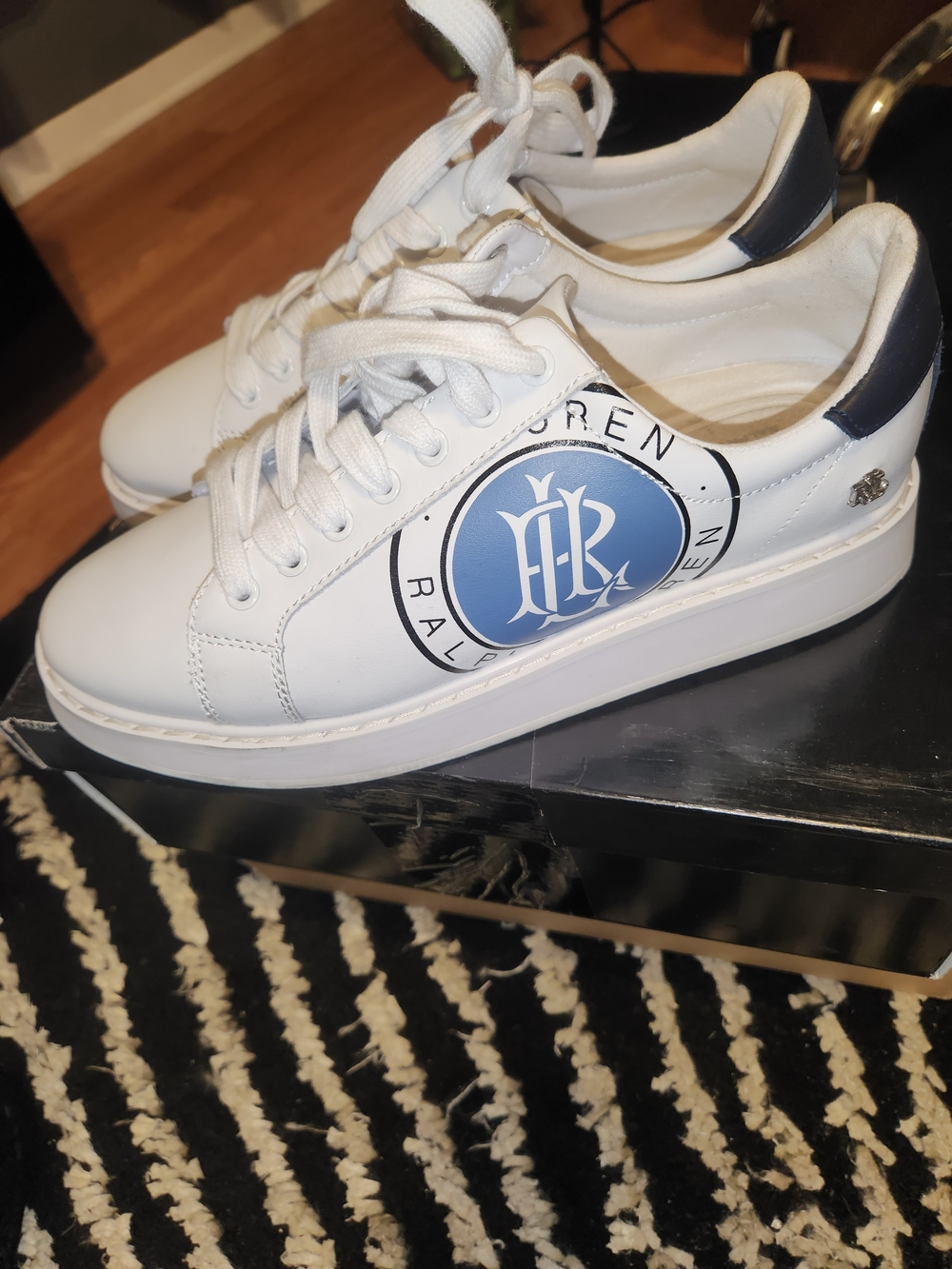 Ralph Lauren White Leather Sneakers with Navy Logo